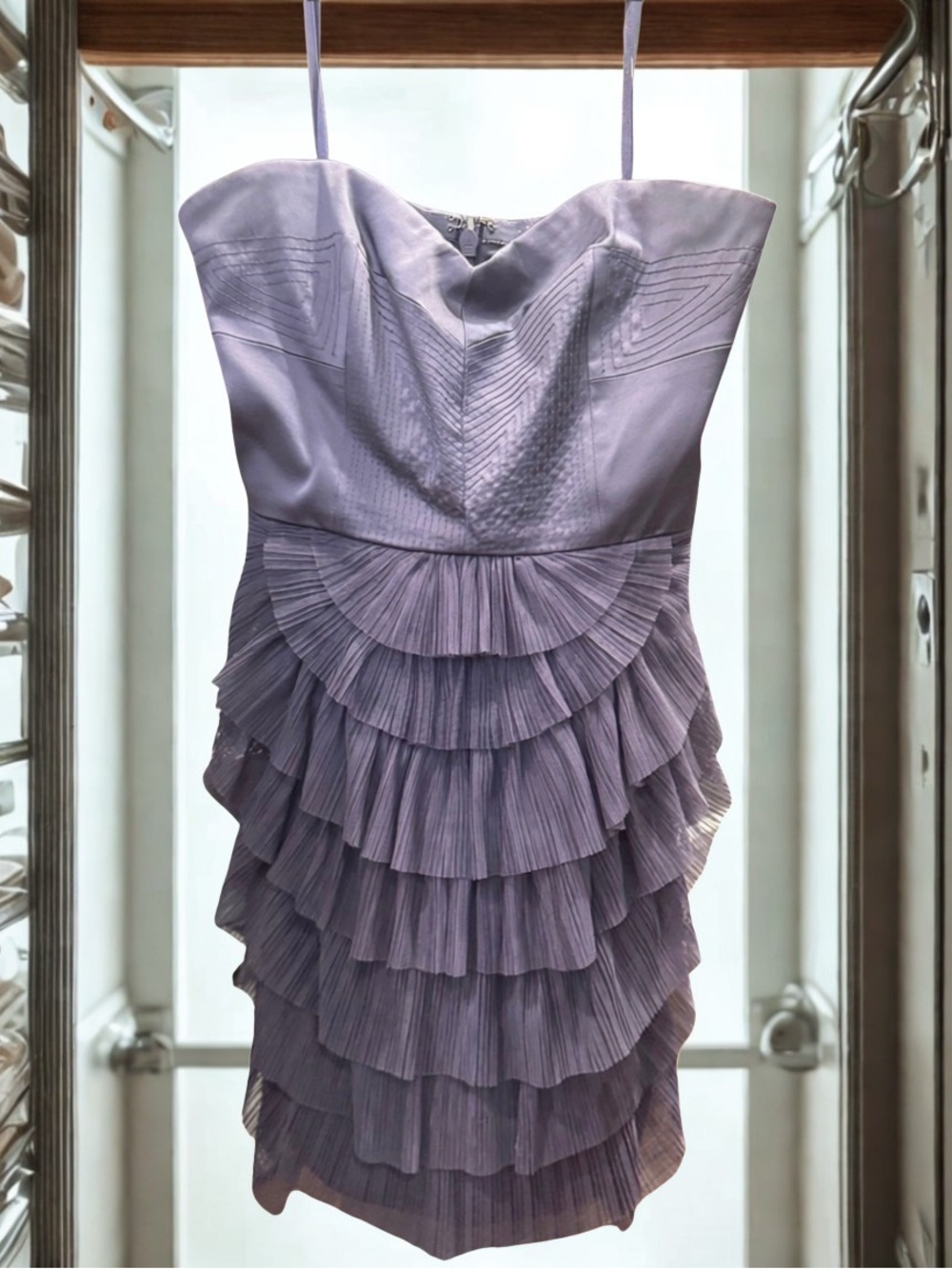 BCBGMaxAzria Lavender Strapless Ruffled Cocktail Dress